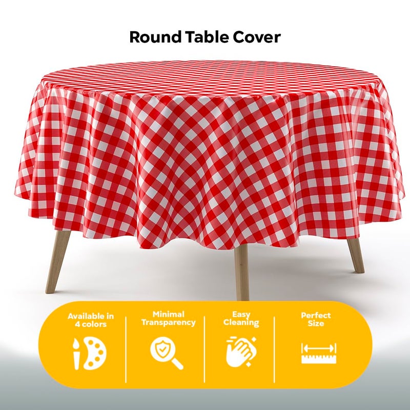 Exquisite Picnic Table Cover - 12 Pack Premium Round Tablecloth - Red & White Checkered BBQ Plastic Table Cover - Gingham Checkerboard Disposable Plastic Tablecloth 84 inch. Round - Image 4